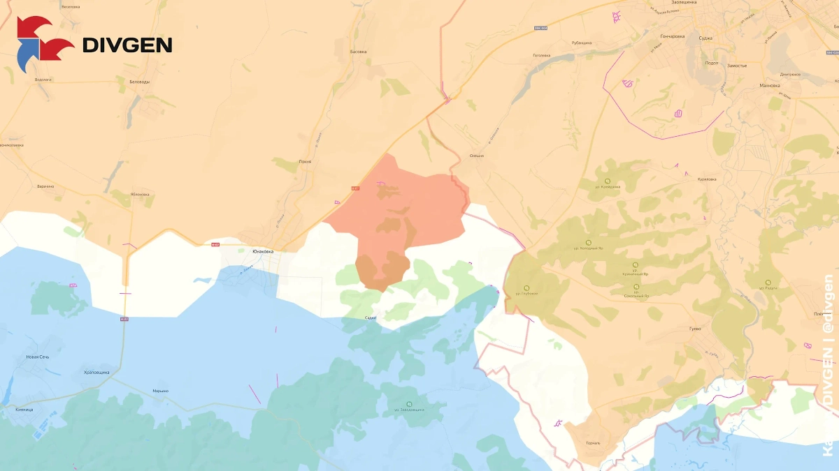 Карта СВО на 12 июня 2025 года. Армия России наступает у Юнаковки в Сумской области. Фото © Telegram / DIVGEN 🚩 Карты СВО