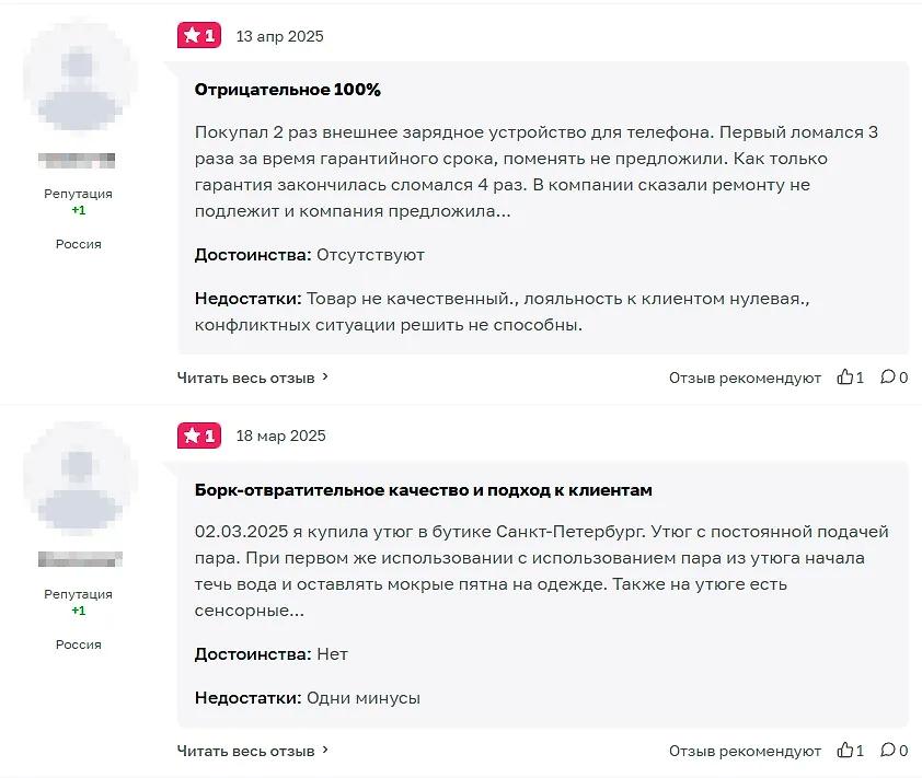 Негативные отзывы на BORK. Фото © Отзовик