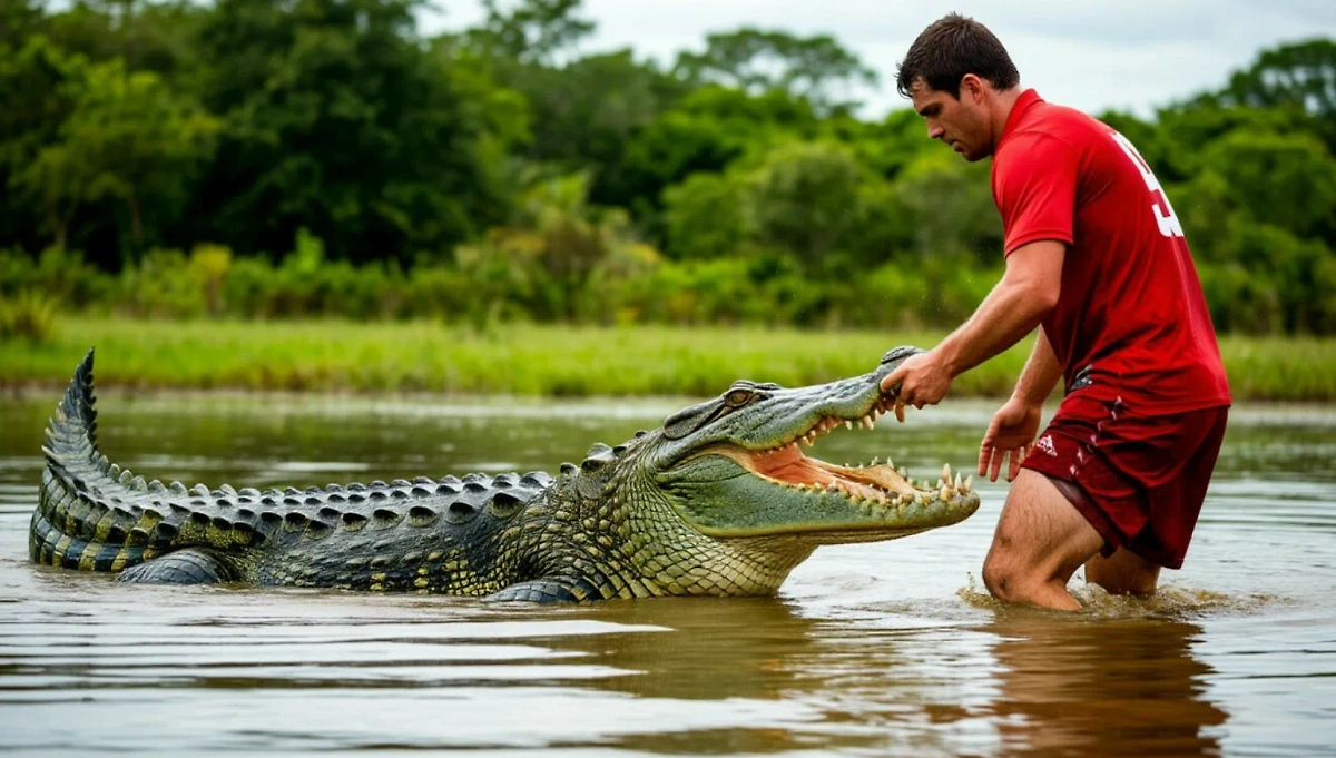 Крокодил напал на футболиста. Обложка © Шедеврум / Life.ru