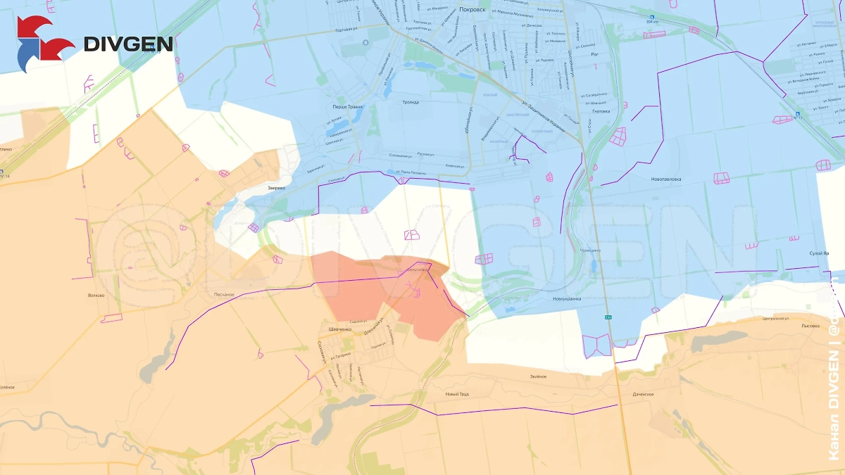 Карта СВО на 28 июня 2025 года. ВС РФ продвигаются севернее Шевченко, к Покровску (Красноармейску). Освобождена Бельгийка. Фото © Telegram / divgen
