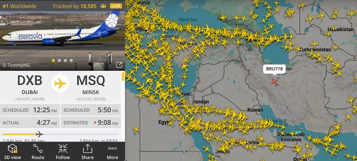 Самолёт авиакомпании «Белавиа» прямо сейчас летит над Ираном. Фото © Flightradar24