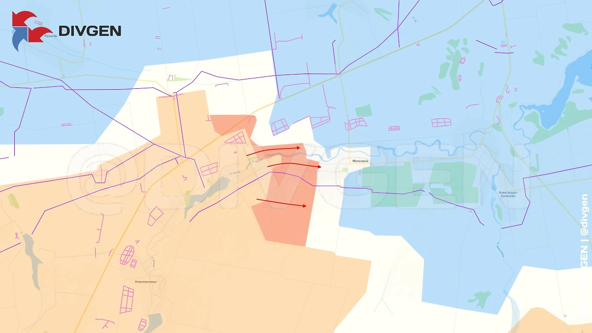 Карта СВО на 9 июня 2025 года. Российская армия продвигается в Яблоновке на Покровском / Константиновском направлении. Фото © Telegram / divgen