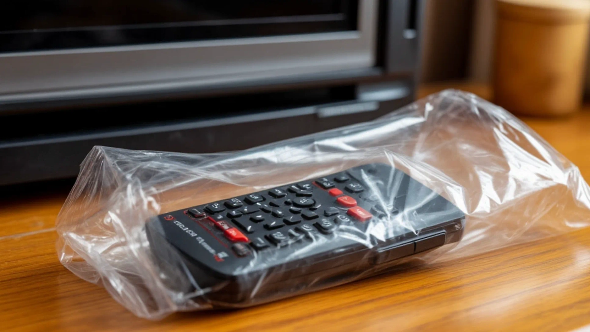 В СССР хозяйки старались сохранить новое в идеальном состоянии, поэтому заворачивали пульты от телевизоров в плёнку, а клеёнку стелили на столы. Фото © «Шедеврум»