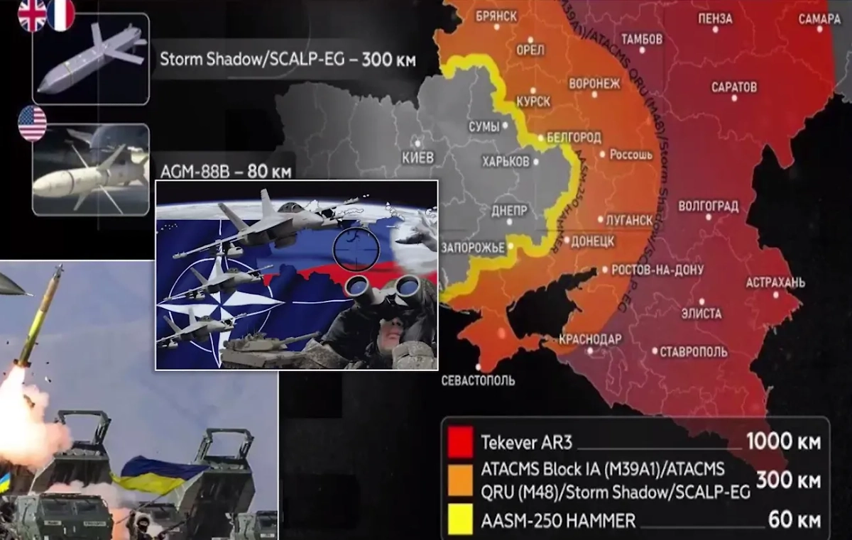 Слайд из презентации во время брифинга начгенштаба ВС РФ с обозначением 1000-километрового радиуса действия. Фото © Telegram / Минобороны России