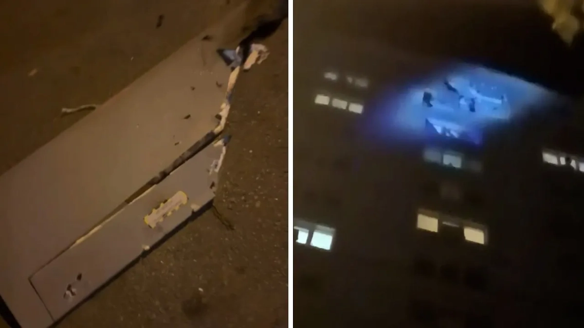 Обломок беспилотника и повреждения многоэтажки в Воронеже, куда он врезался. Фото © SHOT