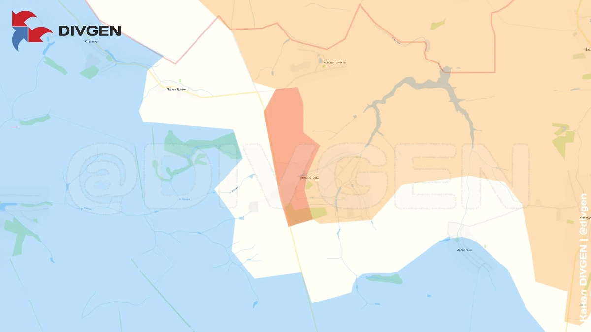 Карта СВО на 20 июля 2025 года. ВСУ не смогли выбить ВС РФ из Кондратовки на Сумском направлении. Контроль над селом восстановлен. Фото © Telegram / DIVGEN 🚩 Карта СВО