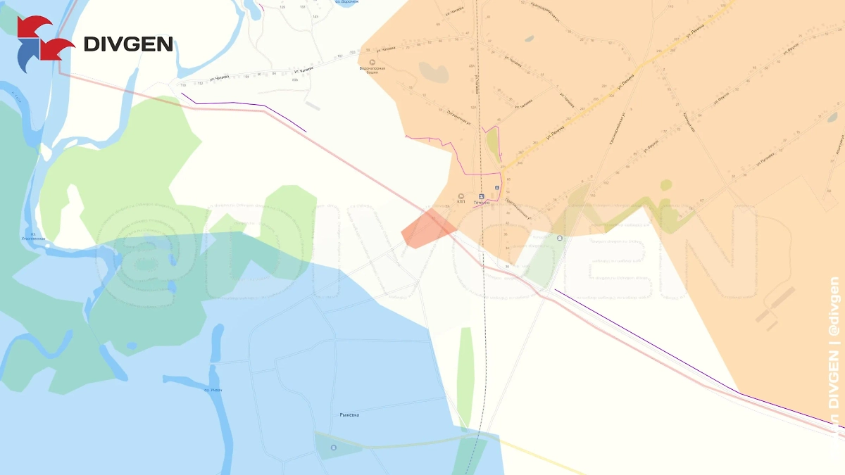 Карта СВО на 14 июля 2025 года. Российские штурмовые группы вошли в Рыжевку на Тёткинском направлении. Фото © Telegram / DIVGEN 🚩 Карта СВО