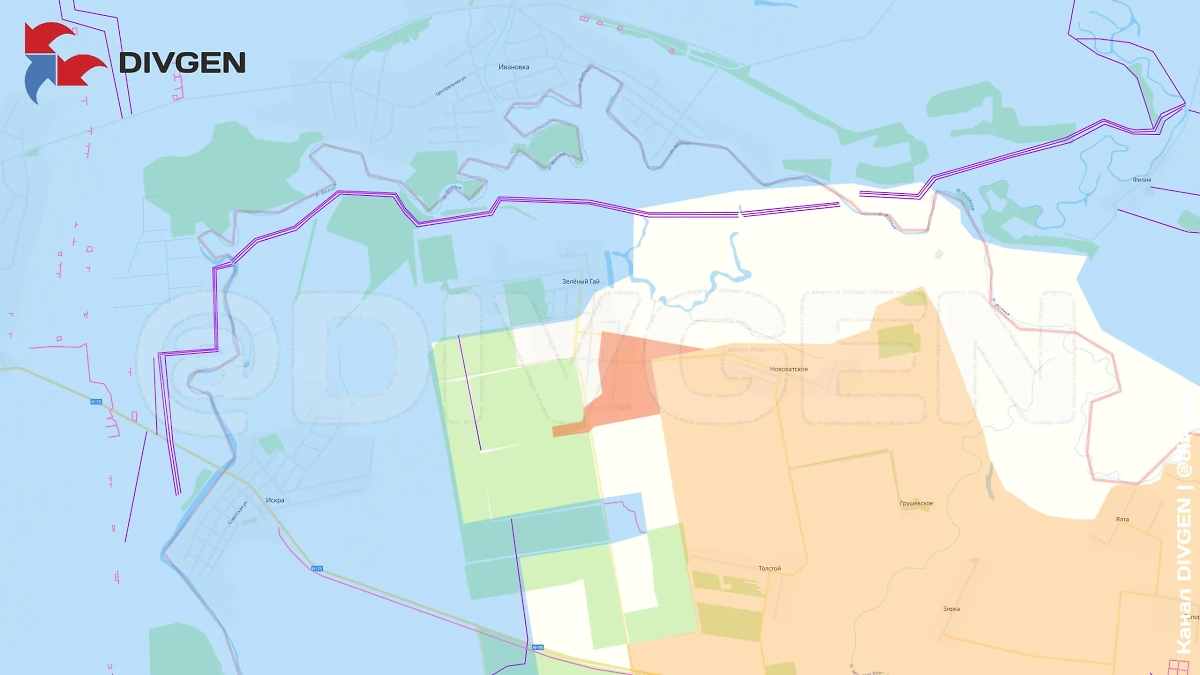 Карта СВО на 24 июля 2025 года. Первые штурмовые группы дальневосточников зашли в Зелёный Гай на юге ДНР. Фото © Telegram / DIVGEN 🚩 Карта СВО