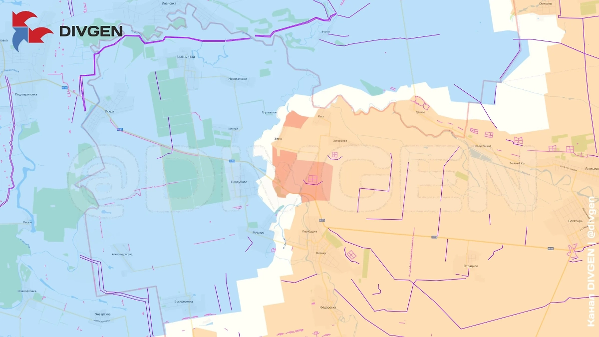 Карта СВО на 3 июля 2025 года. ВС РФ продвигаются к населённому пункту Поддубное. Фото © Telegram / DIVGEN 🚩 Карта СВО