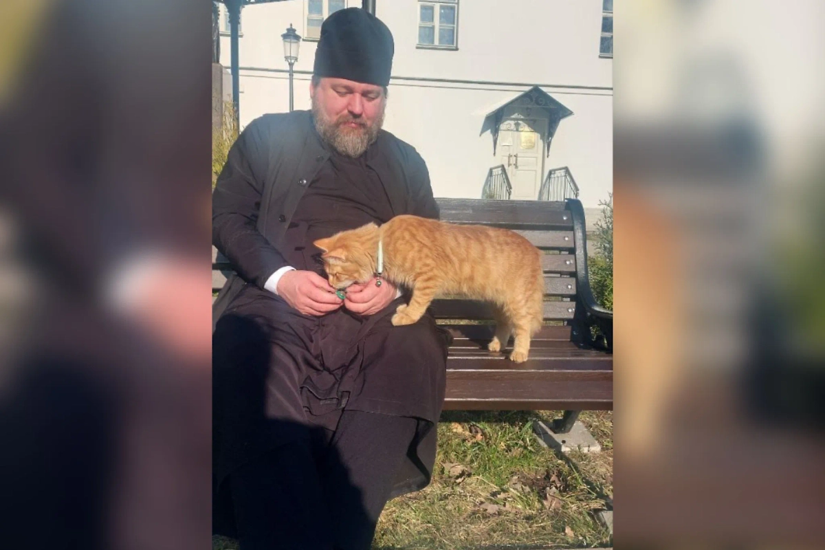 «Самый православный котик России» Урсик и настоятель Староладожского Никольского мужского монастыря отец Филарет. Фото предоставлено Life.ru отцом Филаретом