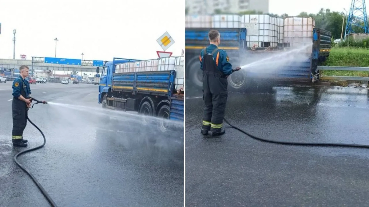 На границе Мытищ и Королёва из грузовика разлилась азотная кислота. Обложка © Telegram / Артур Суворов