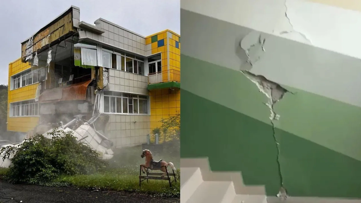 Последствия землетрясения на Камчатке — разрушена стена детского сада, трещина образовалась на стене многоэтажки. Обложка © VK / Новости Петропавловска-Камчатского сегодня