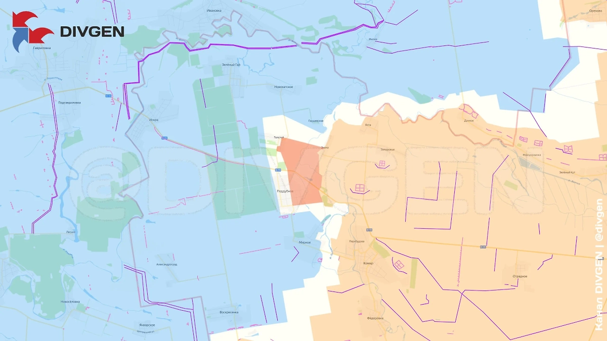 Карта СВО на 5 июля 2025 года. Новопавловское направление. Дальневосточники продвигаются на запад, зашли в сёла Толстой и Поддубное. Фото © Telegram / divgen