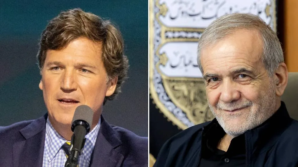 Такер Карлсон и Масуд Пезешкиан. Обложка © Shutterstock / FOTODOM / Maxim Elramsisy, © ТАСС / Zuma /