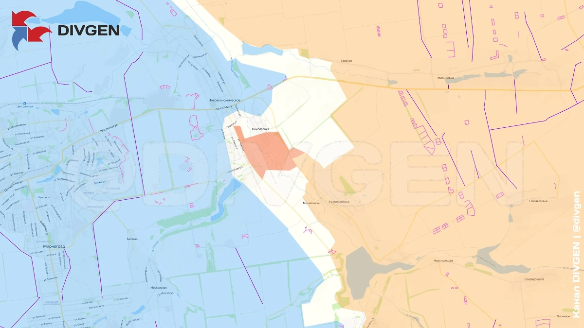 Карта СВО на 8 июля 2025 года. Мирноградское направление. ВС РФ вошли в Новоэкономическое и Николаевку. Фото © Telegram / DIVGEN 🚩 Карта СВО