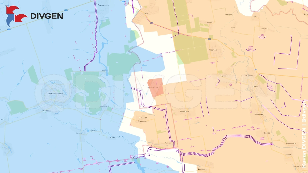 Карта СВО на 16 августа 2025 года. Армия России освободила Александроград. Фото © Telegram / DIVGEN 🚩 Карта СВО