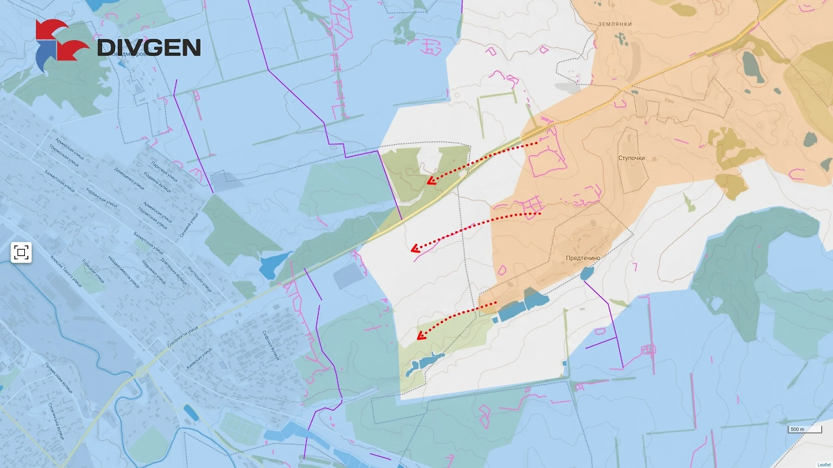 Карта СВО на 18 августа 2025 года. Со стороны Предтечино, на участке 6-й МСД, бойцы вошли в административные границы Константиновки. Фото © Telegram / DIVGEN 🚩 Карта СВО
