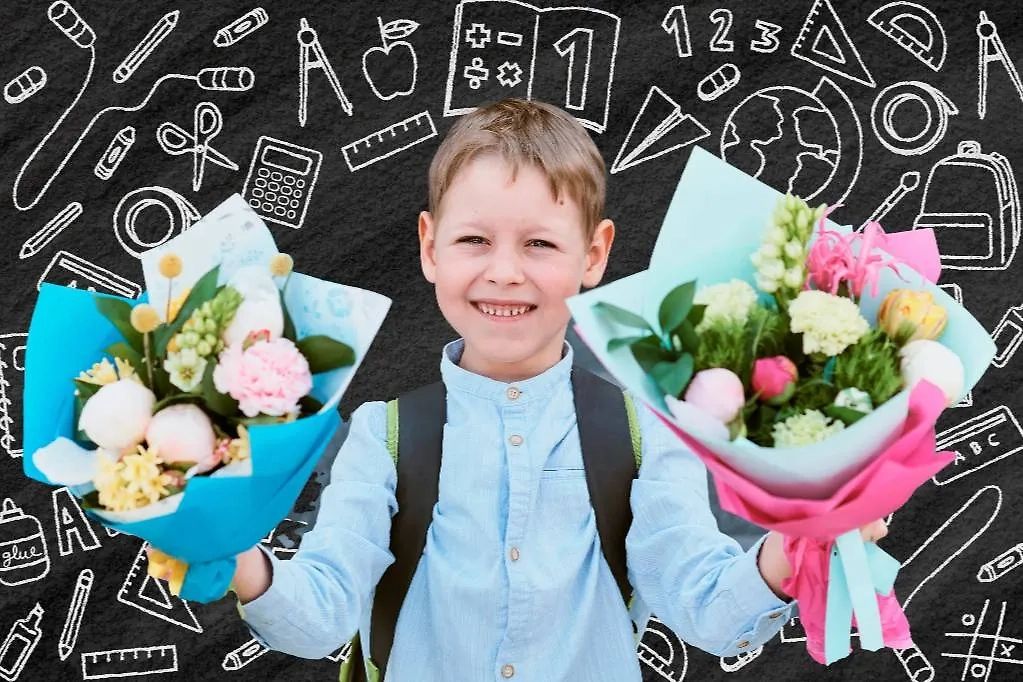Какой букет выбрать на 1 Сентября — советы и идеи. Обложка © Коллаж © Life.ru, фото © Shutterstock / FOTODOM / Serenko Natalia, © Freepik