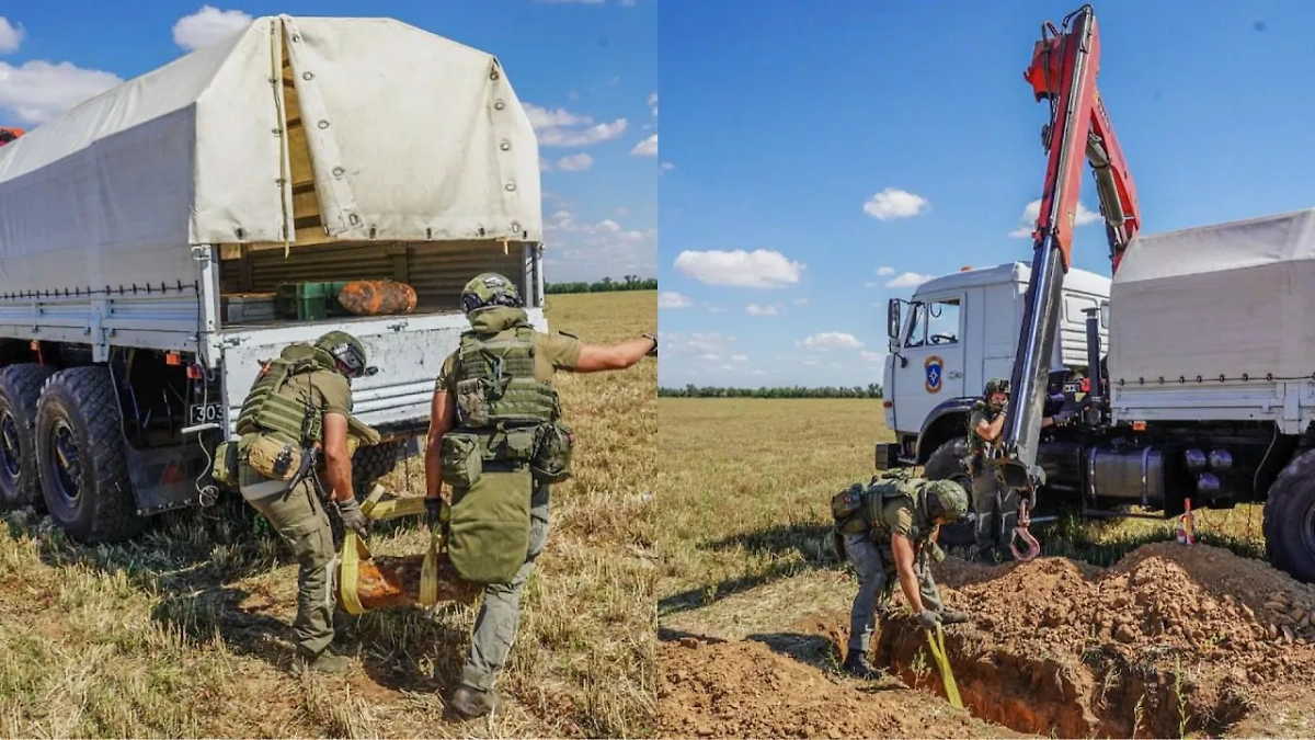 Пиротехники МЧС России уничтожили две фугасных авиабомбы в Волгоградской области. Видео © Telegram / МЧС России