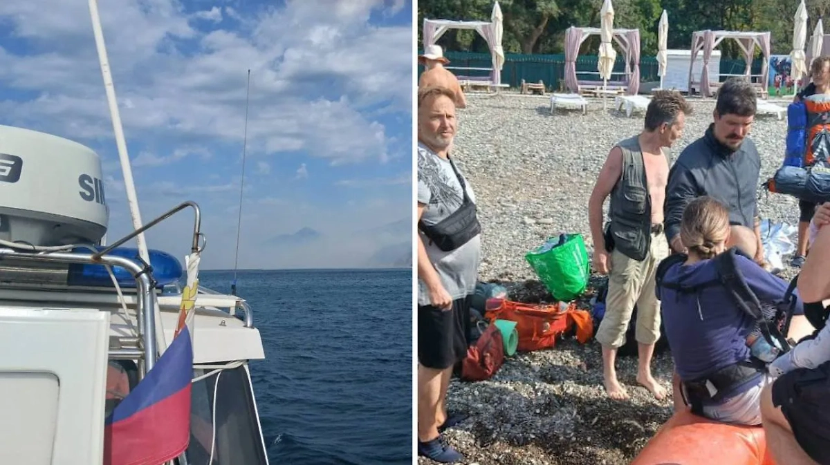 Появились кадры эвакуации туристов, которые застряли на берегу Черного моря из-за лесного пожара. Обложка © МЧС России