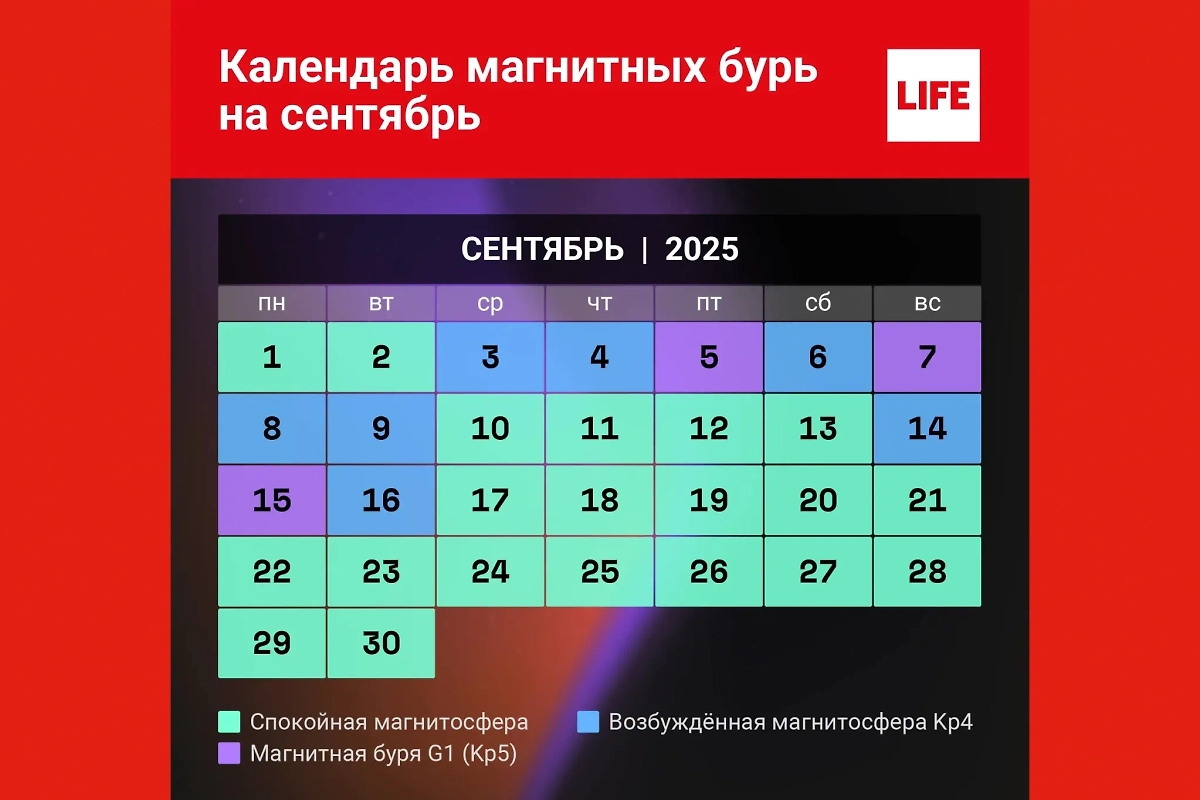 Календарь магнитных бурь 2025 — сентябрь. Когда ожидать вспышек? Инфографика © Life.ru