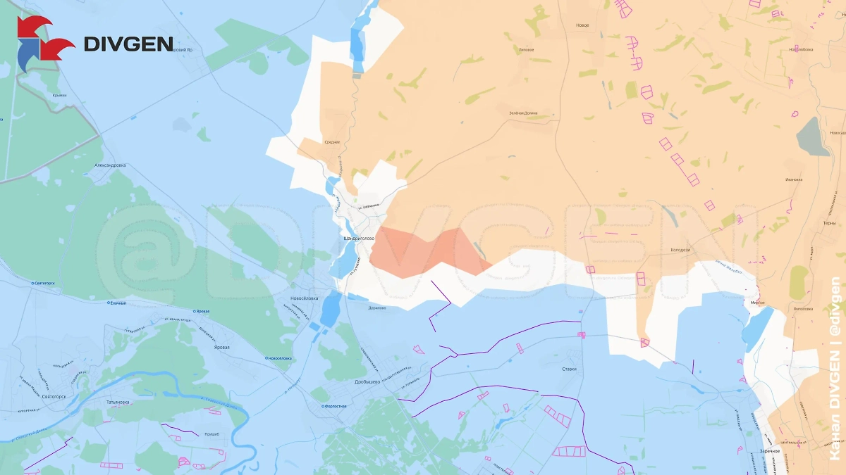 Карта СВО на 30 августа 2025 года. ВС РФ обходят Шандриголово с восточной стороны. Фото © Telegram / DIVGEN | Карта СВО. 