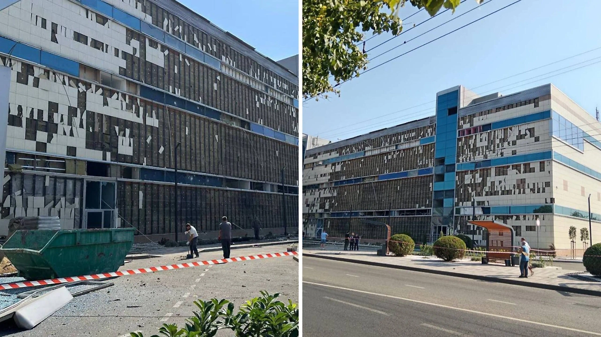 Торгово-развлекательный центр (ТРК) «Сити центр» в Краснодаре, фасад которого был повреждён в результате ночной атаки БПЛА на Краснодар. Обложка © Telegram / KRD.ru