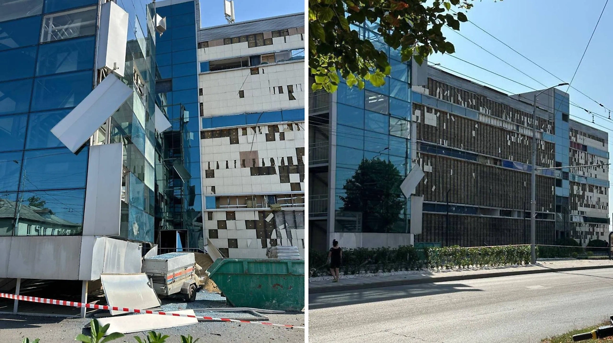 Торгово-развлекательный центр (ТРК) «Сити центр» в Краснодаре, фасад которого был поврежден в результате ночной атаки БПЛА на Краснодар. Фото © Telegram / KRD.ru