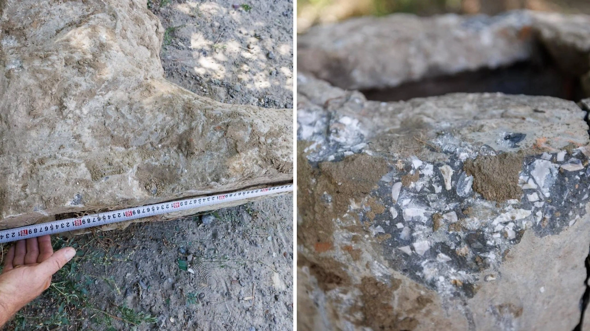 На улице Полины Осипенко в Волгограде рабочие обнаружили бетонную ногу памятника Иосифа Сталина. Фото © Telegram / V1.RU | Новости Волгограда