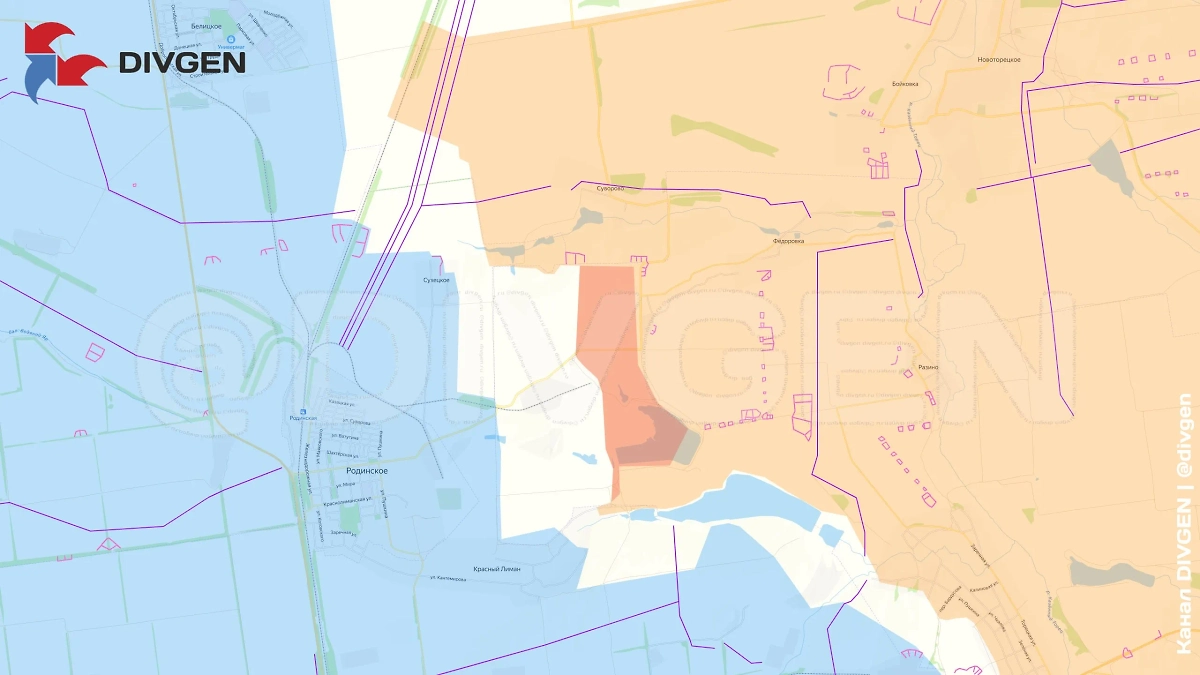 Карта СВО на 5 августа 2025 года. Армия России продвигается к шахте «Краснолиманская» у Родинского. Фото © Telegram / divgen