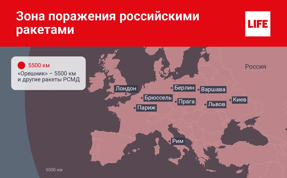 Зона поражения российскими РСМД в Европе. Инфографика © Life.ru