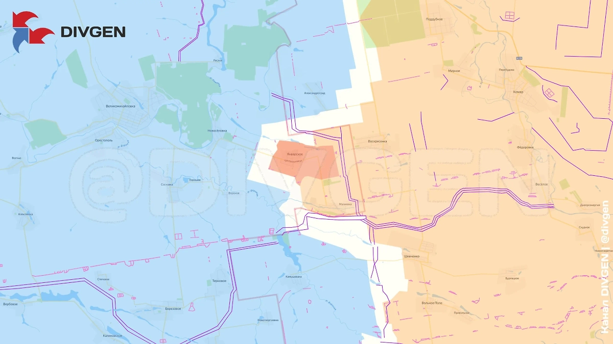 Карта СВО на 6 августа 2025 года. Армия России освободила село Январское. Фото © Telegram / DIVGEN 🚩Карта СВО