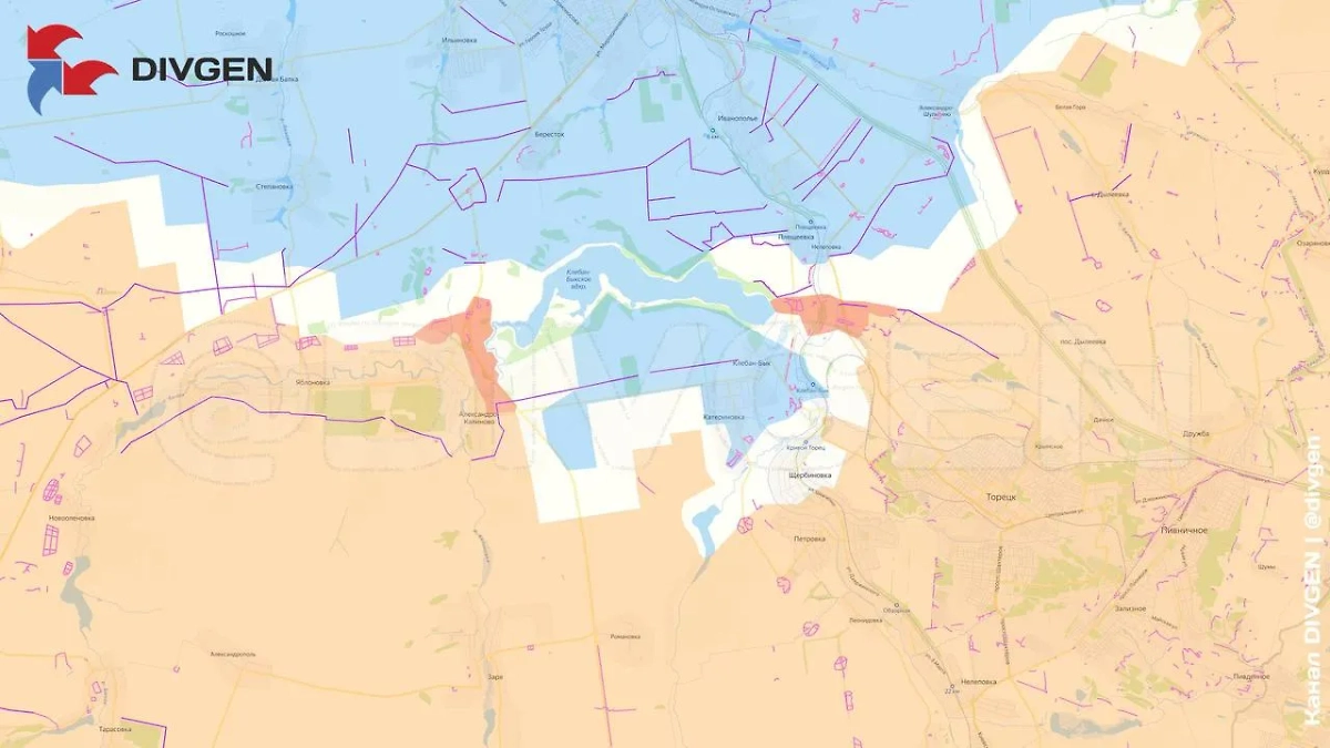 Карта СВО от 7 августа 2025 года. ВС РФ вышли к водохранилищу у н.п. Клебан-Бык, противник южнее водохранилища попал в окружение. Фото © Telegram / divgen
