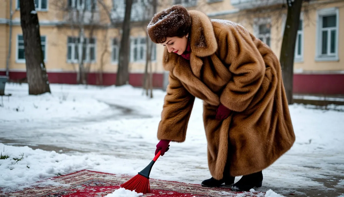 Как почистить ковёр снегом? Такая чистка ковров — самая характерная черта быта в СССР.  Фото © «Шедеврум»