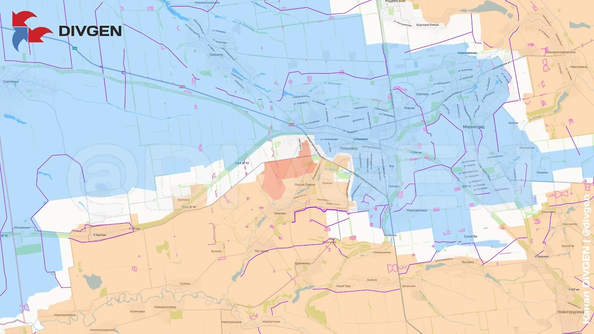 Карта СВО на 19 сентября 2025 года. Армия России заходит в Красноармейск. Фото © Telegram / DIVGEN 🚩 Карта СВО