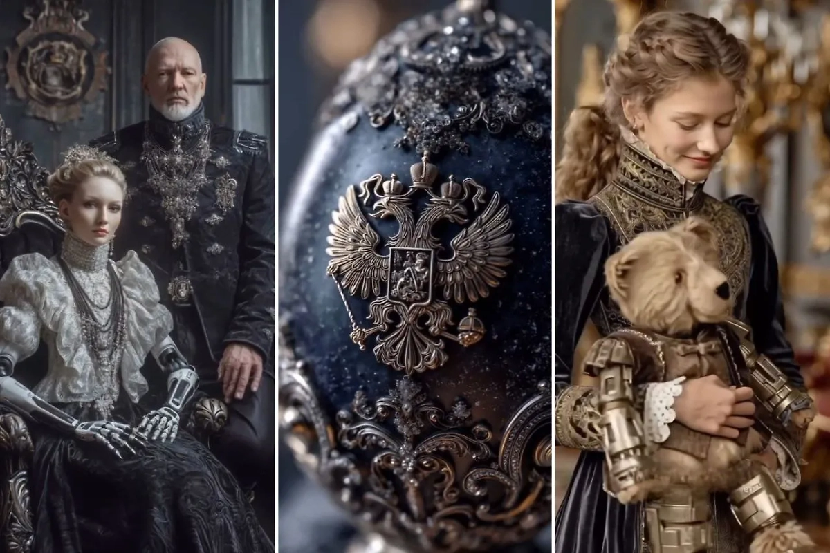 Как нейросеть видит высокопоставленную дворянскую чету, яйцо Фаберже и девушку с мишкой в Российской империи из стимпанка. Фото © Instagram (соцсеть запрещена в РФ; принадлежит корпорации Meta, которая признана в РФ экстремистской) / lizashevaai