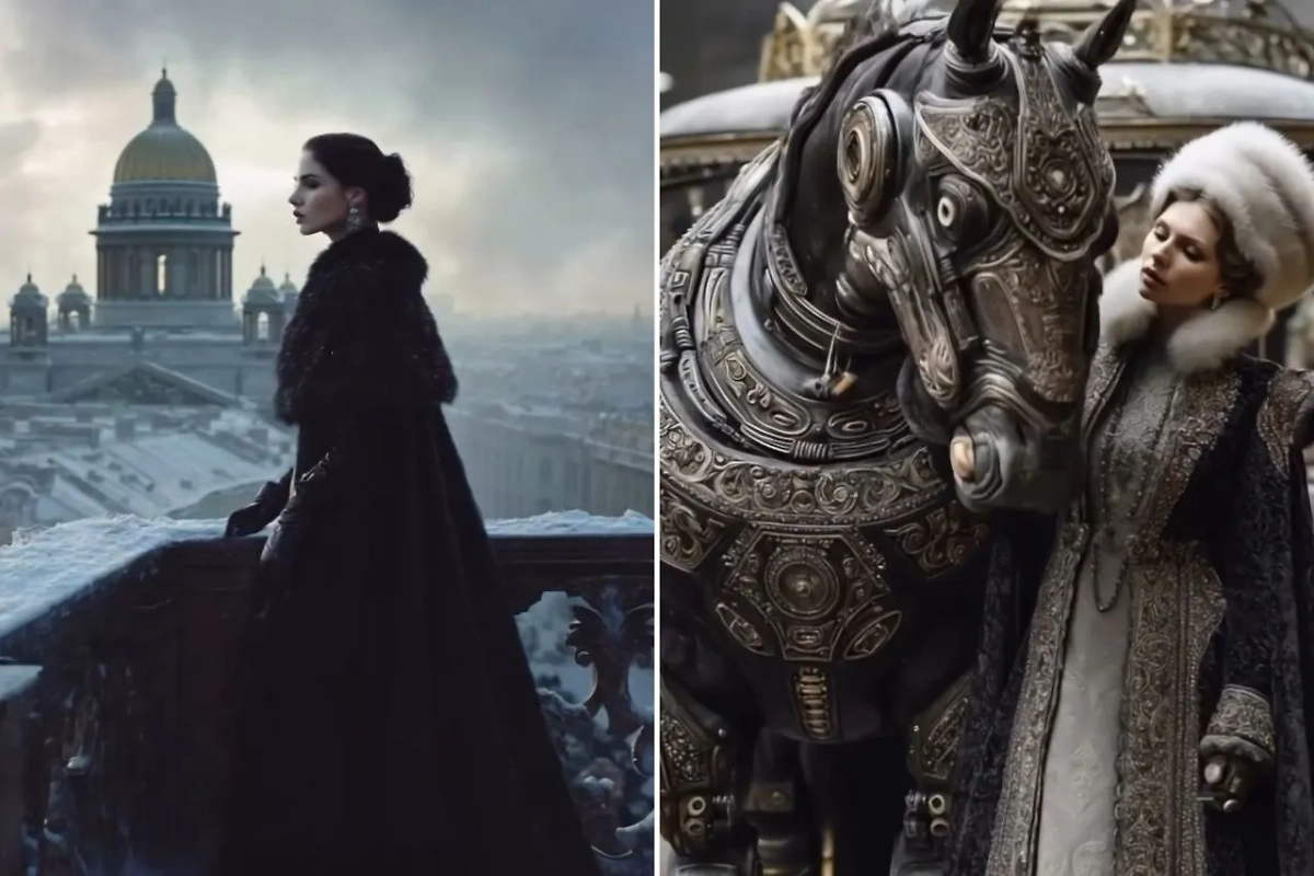 А так искусственный интеллект представил даму из высшего света в столице Российской империи, Санкт-Петербурге. И рядом — даму с механическим конём. Фото © Instagram (соцсеть запрещена в РФ; принадлежит корпорации Meta, которая признана в РФ экстремистской) / lizashevaai