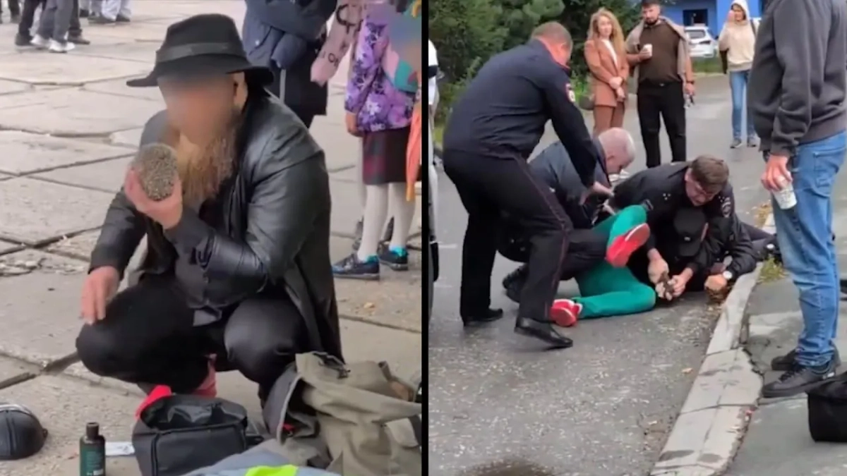 В Новосибирске задержали мужчину, который жонглировал ежами на линейке у школы. Обложка © Telegram / Инцидент Новосибирск