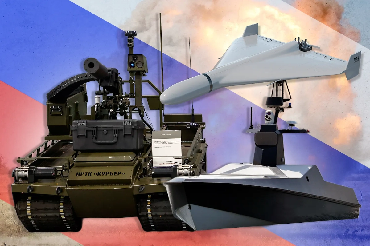 Российская армия массово отправляет в бой роботов. Коллаж © Life.ru. Обложка © ТАСС / Артём Геодакян, Александр Полегенько © Shutterstock-Pixelsquid, © РИА Новости / Михаил Воскресенский