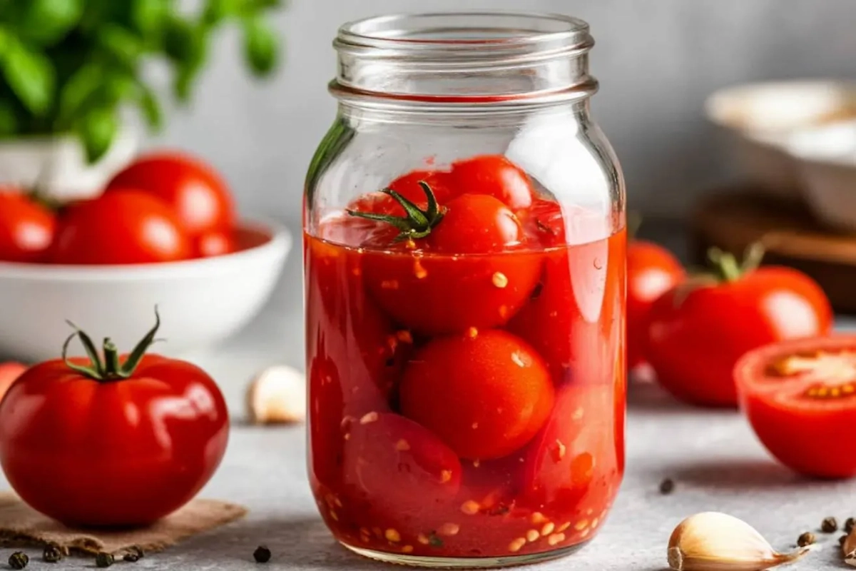 Быстрые маринованные помидоры с чесноком в банках. Фото © «Шедеврум»