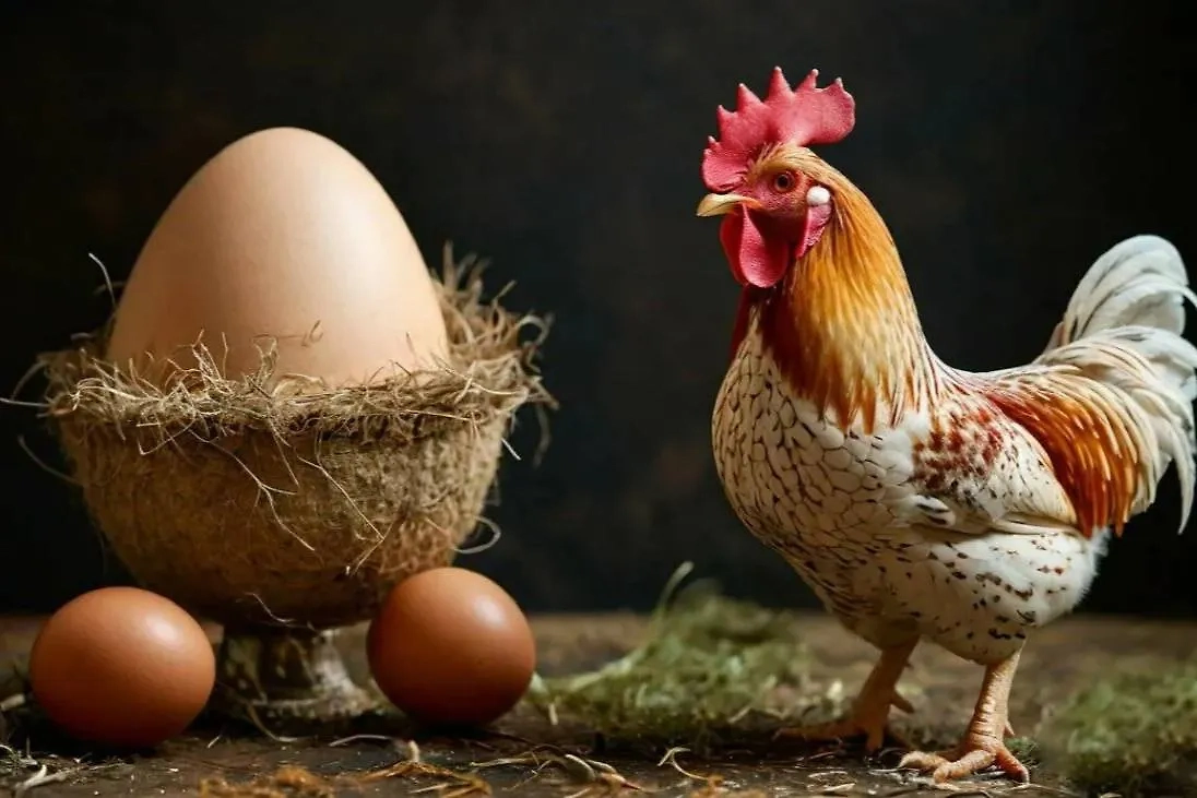 Учёные ответили на давний вопрос о том, что появилось раньше — курица или яйцо. Обложка © Шедеврум