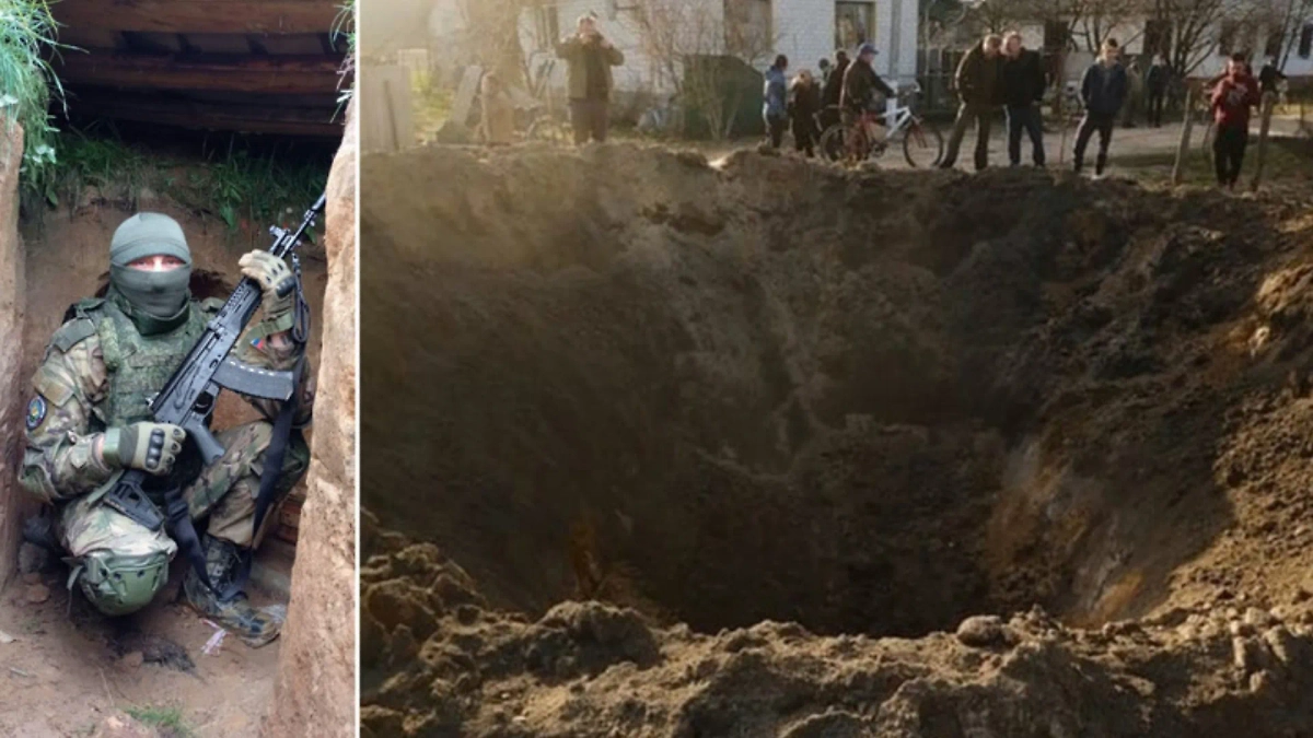 Штурмовик с позывным Ведьма и фото воронки от снаряда дрона-камикадзе. Обложка © RT