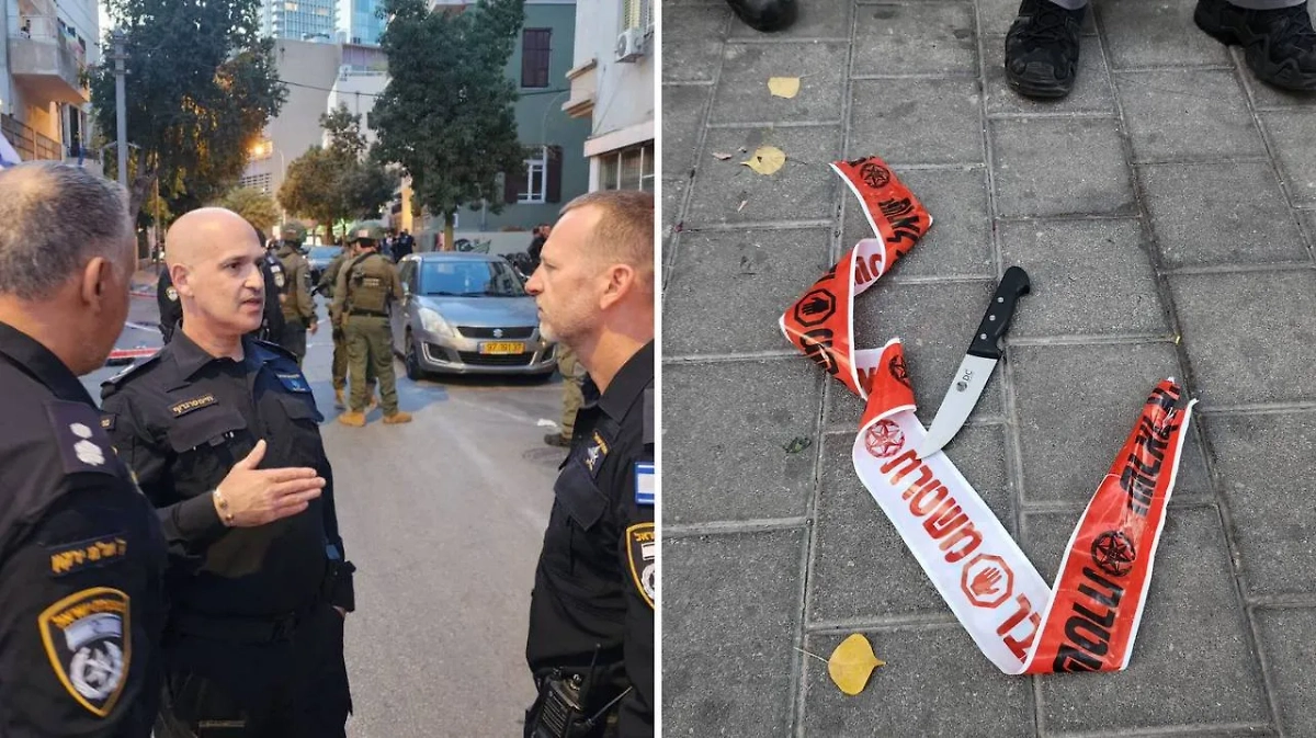 Нож преступника и кадр с места нападения. Обложка © X / Israel Police