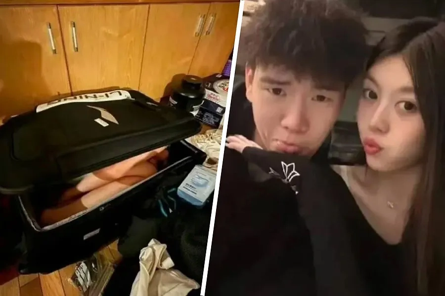 Девушка в чемодане и на совместном селфи с Чжан Синьляном. Обложка © Weibo / 庐陵启程