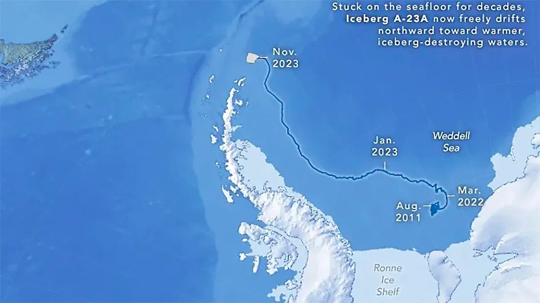 Путь, проделанный ледником за последние годы. Фото © earthobservatory.nasa.gov
