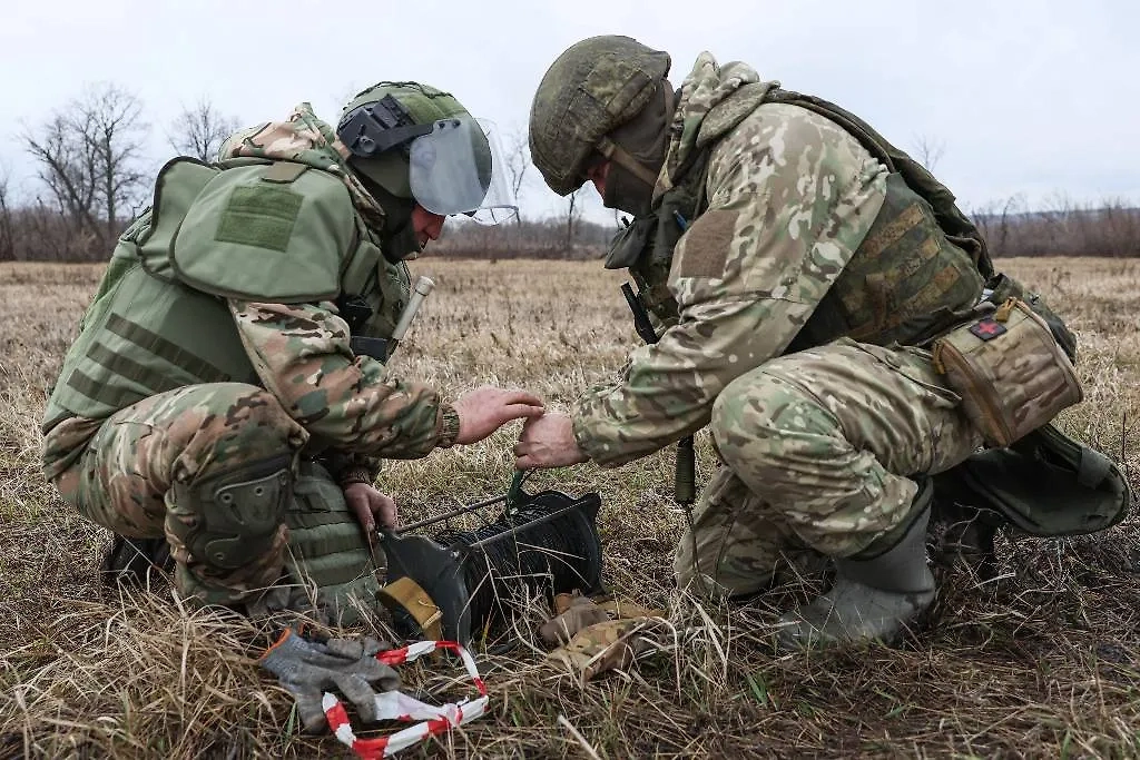 Сапёры группировки войск ЮВО (Южного военного округа) во время разминирования бывшей линии фронта в зоне СВО. Фото © ТАСС /  Александр Река