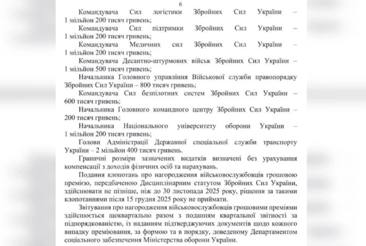 Документ Минобороны Украины о премировании командования ВСУ. Фото © Facebook (признан экстремистской организацией и запрещён на территории Российской Федерации) / bezuhlamariana