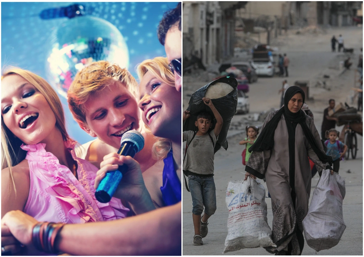 Украинская молодёжь в караоке и эвакуация палестинцев в Газе. Обложка © ТАСС/EPA/MOHAMMED SABER, freepik/pressfoto