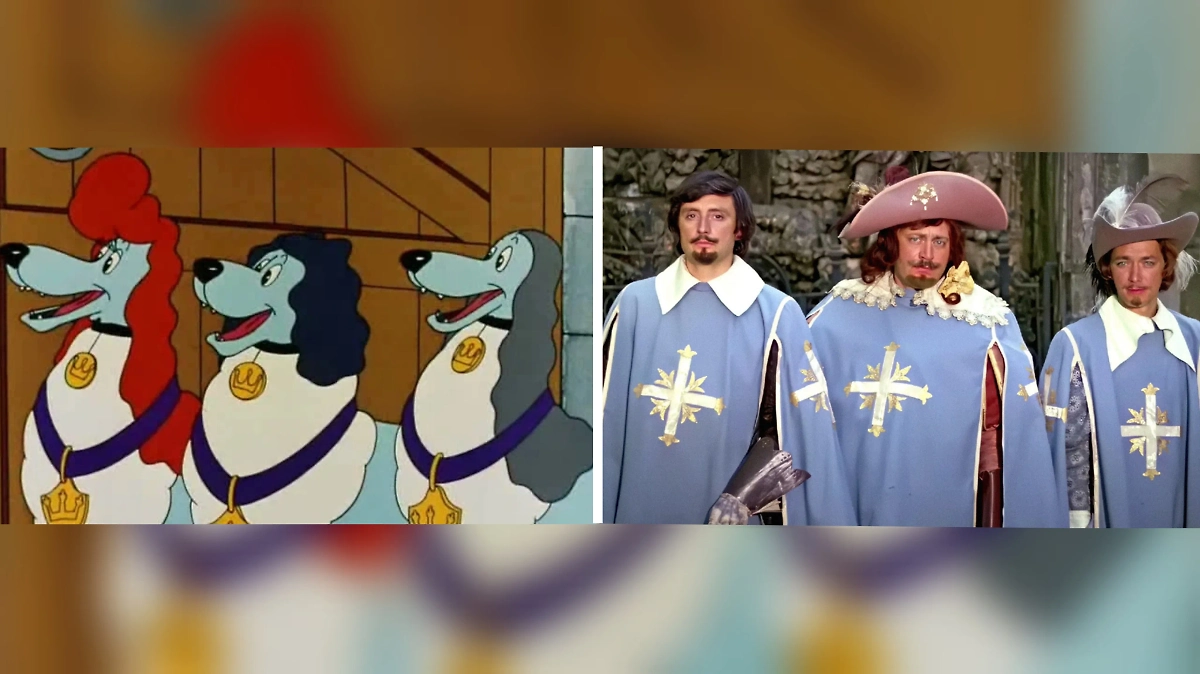 «Пёс в сапогах» — это анимационная версия фильма «Д'Артаньян и три мушкетёра», все сходства не случайны. Фото © RuTube / Мебельный коллаж, © RuTube / Россия 1