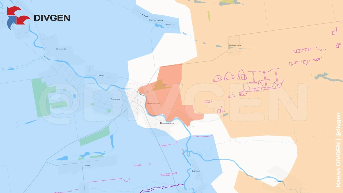 Карта ситуации в Запорожской области на 8 октября 2025 года. Бойцы 394-го гвардейского мотострелкового полка 5-й армии освободили населённый пункт Нововасилевское и заняли позиции по берегу реки Янчур. Фото © Telegram / DIVGEN 🚩 Карта СВО